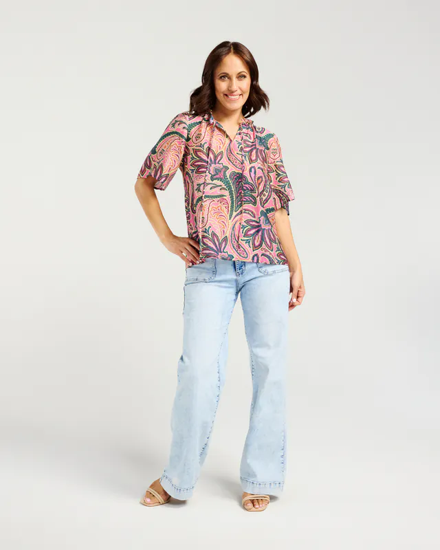 Model wearing Pink Paisley Hazel Top By Zafina Available at Beetees Nelson