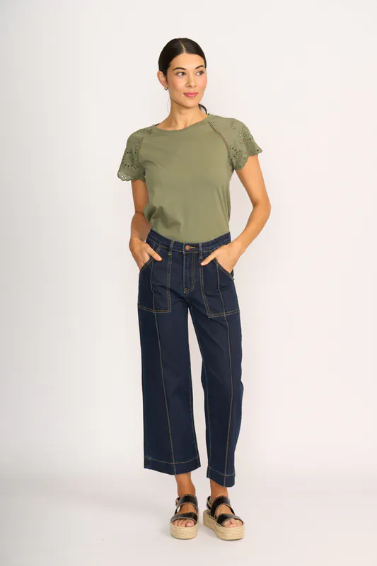 Model wearing Sage T-Shirt - Broderie Sleeve By Memo Available at Beetees Nelson