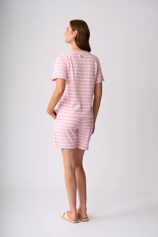 Model wearing Rose White Stripe St James Top By Charlie Jane Available at Beetees Nelson
