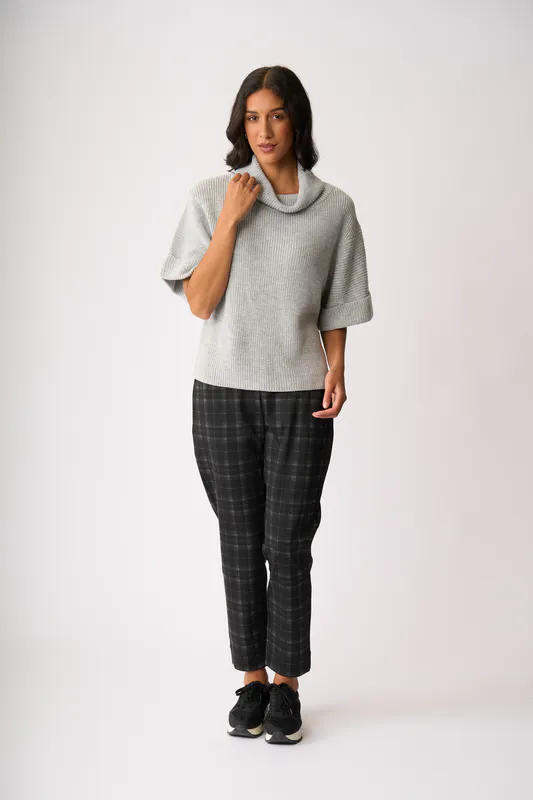 Model wearing Silver Cowl Neck Rib Jumper By Foil Available at Beetees Nelson