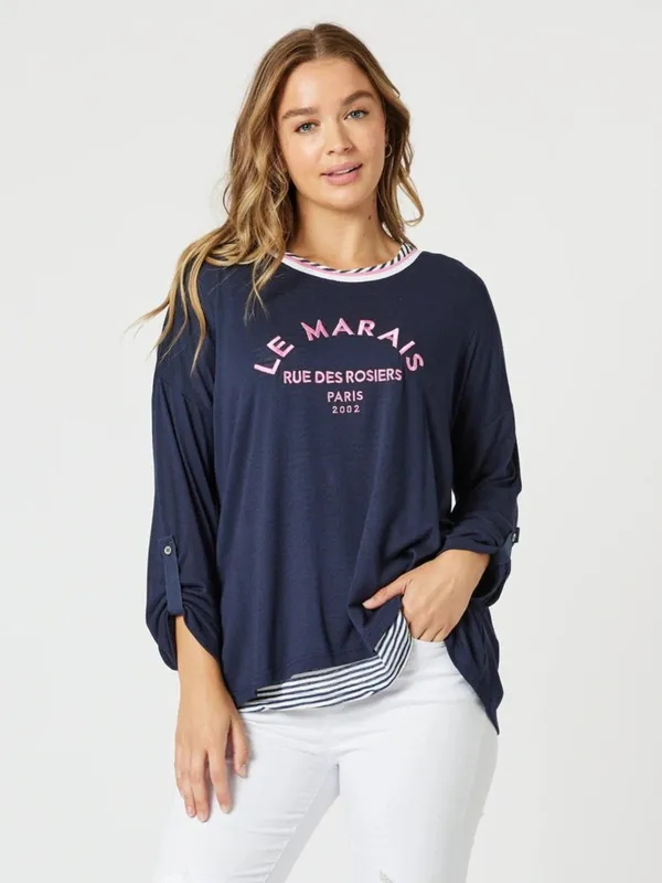 Model wearing Navy Pink Le Marais 2 in 1 Top By Threadz Available at Beetees Nelson