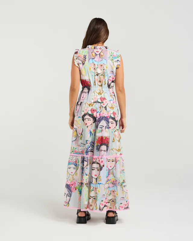 Model wearing Frida Print Sophia Dress By NMBR Rose Available at Beetees Nelson