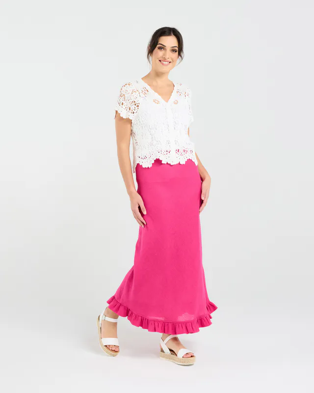 Model wearing White Amber Crochet Style Cardigan By Blackstone Available at Beetees Nelson