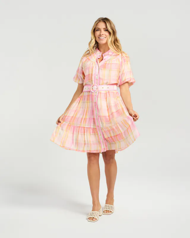 Model wearing Sunset Blush Addie Dress By NMBR Rose Available at Beetees Nelson