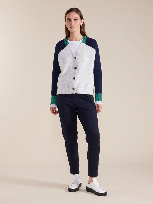 Model wearing Heather Grey Coloured Colour Block Cardi By Marco Polo Available at Beetees Nelson