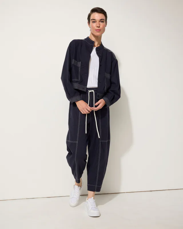 Model wearing Ink Comfort Linen Pant By Marco Polo Available at Beetees Nelson
