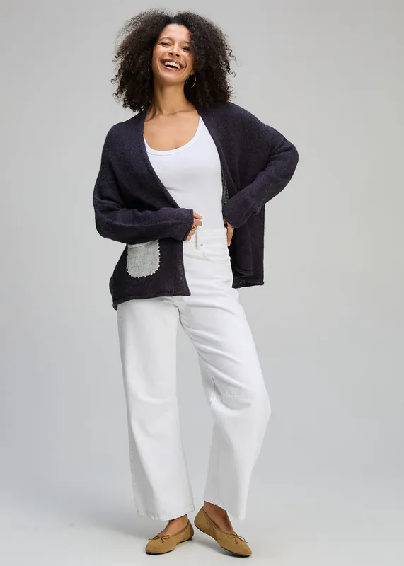 Model wearing Ink Bloom Back Cardi By Zaket & Plover Available at Beetees Nelson