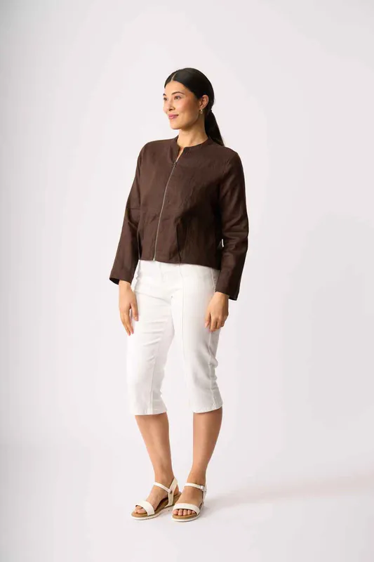 Model wearing Cocoa Bubble Hem Jacket By Preen Available at Beetees Nelson