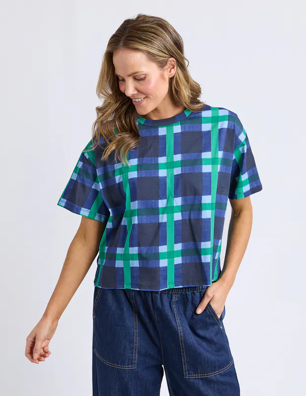 Model wearing Blue Check Bari Crew By Elm Available at Beetees Nelson