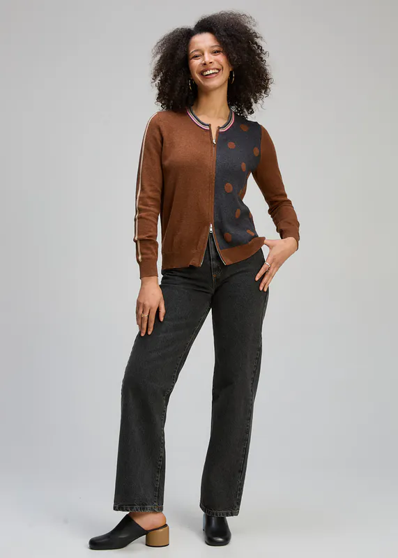 Model wearing Coffee Stripe Spot Zip Up Jumper By Zaket & Plover Available at Beetees Nelson