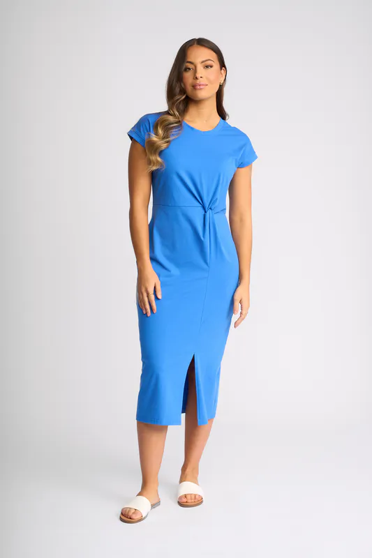 Model wearing Blue Parker Dress By Knewe Available at Beetees Nelson