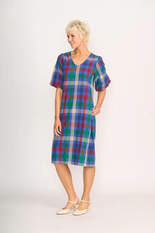 Model wearing Blue Check Balloon Sleeve Dress By Memo Available at Beetees Nelson