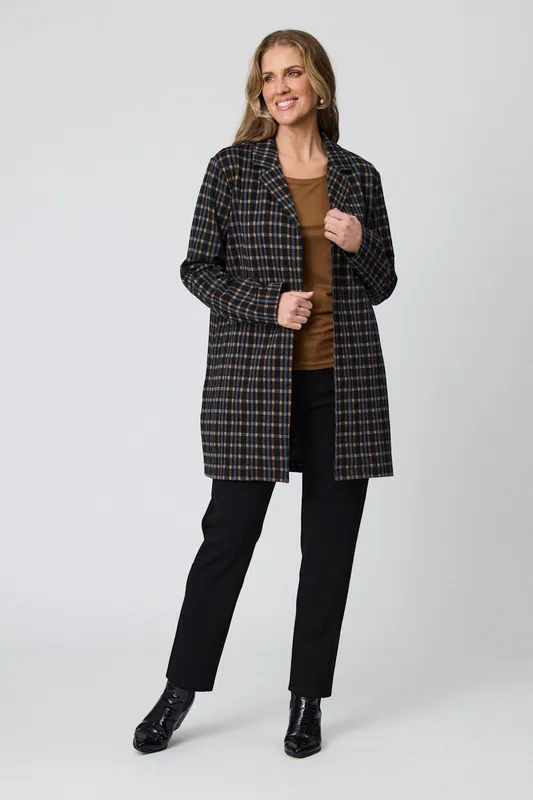 Model wearing Black/Brown Check Eden Check Coat By Democracy Available at Beetees Nelson