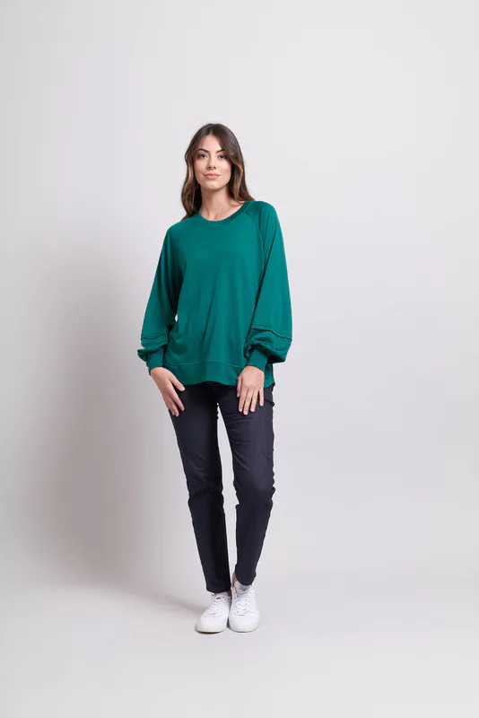 Model wearing Malachite Coloured Jumper - Scoop Hem By Foil available at Beetees Nelson