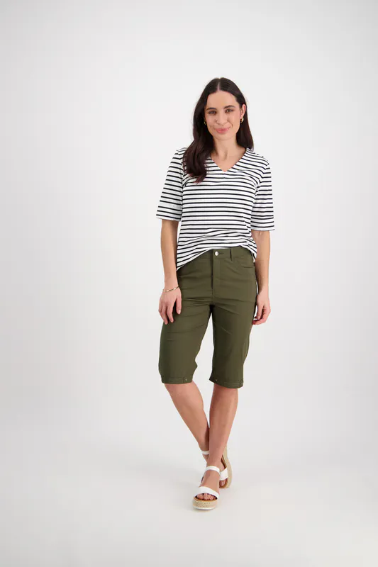 Model wearing Khaki Poplin Straight Leg Short By Vassalli Available at Beetees Nelson
