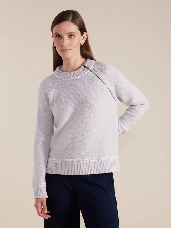 Model wearing Heather Grey Coloured Long Sleeve Zip Seam Sweater By Marco Polo Available at Beetees Nelson
