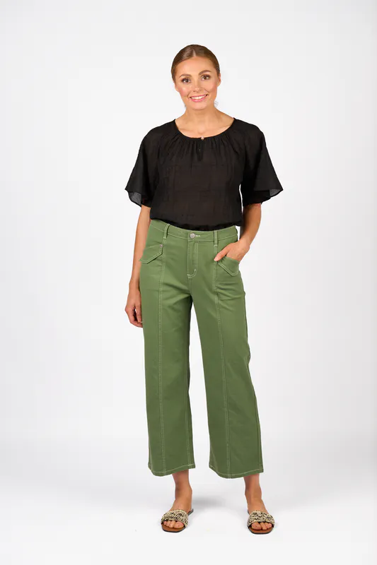Model wearing Olive Shade Pant By Knewe Available at Beetees Nelson
