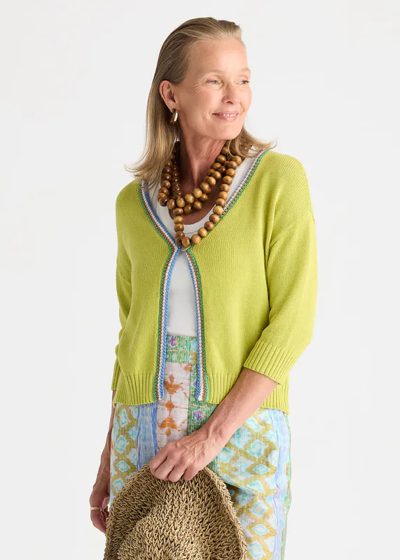 Model wearing Green Glow Crochet Trim Cardi By Zaket & Plover Available at Beetees Nelson