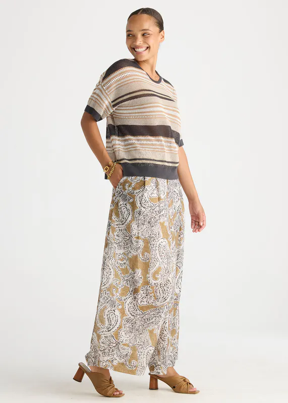 Model wearing Graphite Stripe Lace Top By LD + CO Available at Beetees Nelson