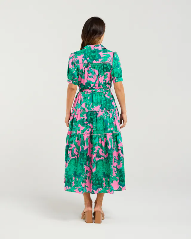 Model wearing Pink Jungle Elise Dress By Seduce Available at Beetees Nelson