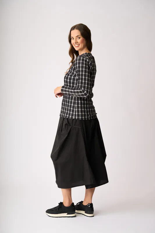 Model wearing Black Check Velveteen Top By Memo Available at Beetees Nelson