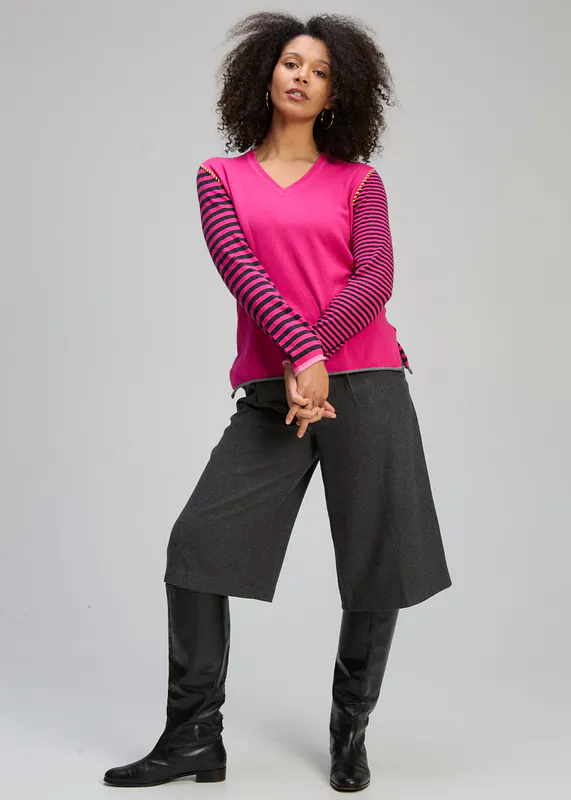 Model wearing Magenta Varied Stripe Jumper By Zaket & Plover Available at Beetees Nelson