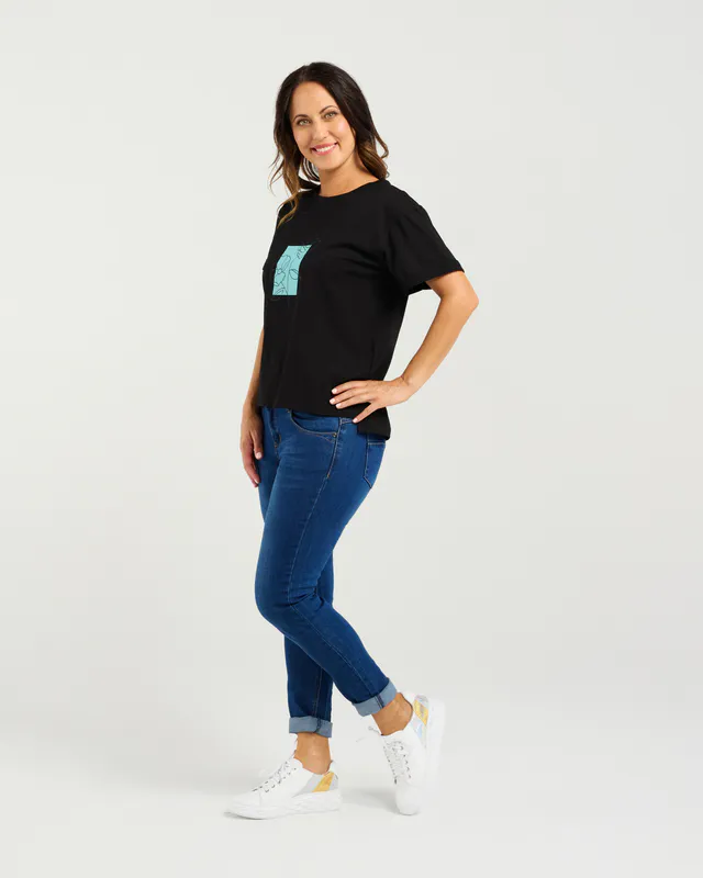 Model wearing Black Elena T-shirt By Zafina Available at Beetees Nelson