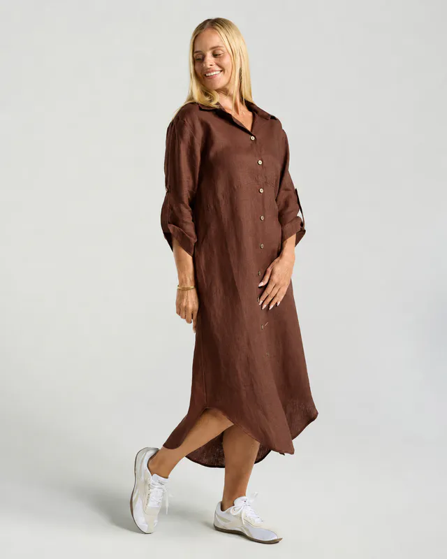 Model wearing Chocolate Amelie Shirt Dress By Blackstone Available at Beetees Nelson