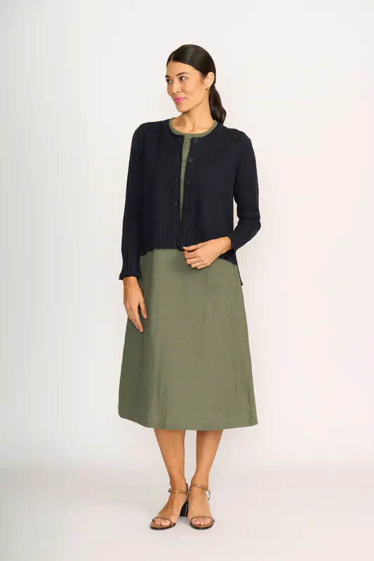 Model wearing True Navy Cardigan - Best Feature By Foil Available at Beetees Nelson