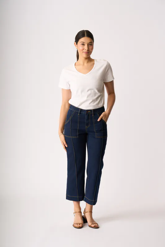 Model wearing Indigo Stitch Detail Jean By Memo Available at Beetees Nelson