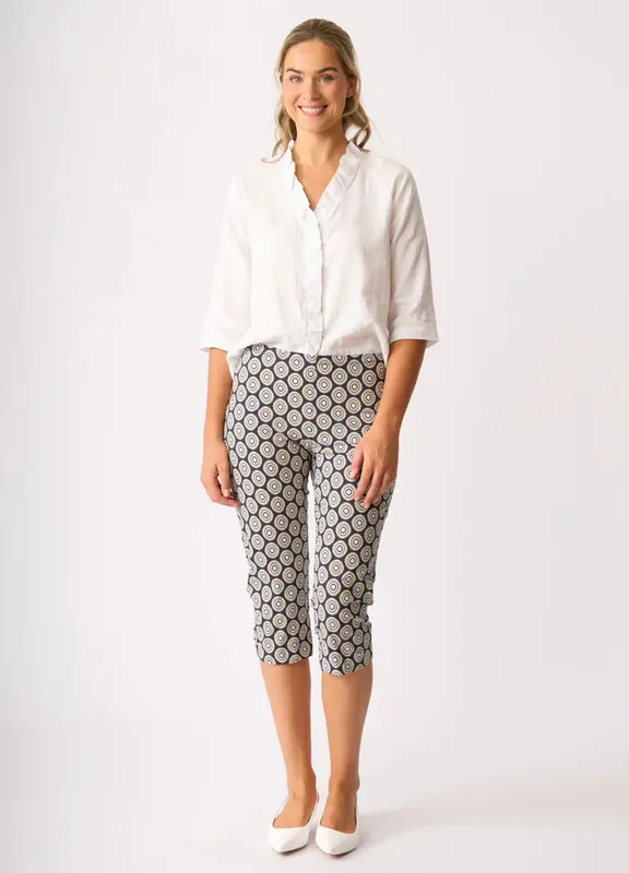 Model wearing Porto Pant - 3/4, Printed By Esplanade Available at Beetees Nelson ( No Image of Check It Colour)