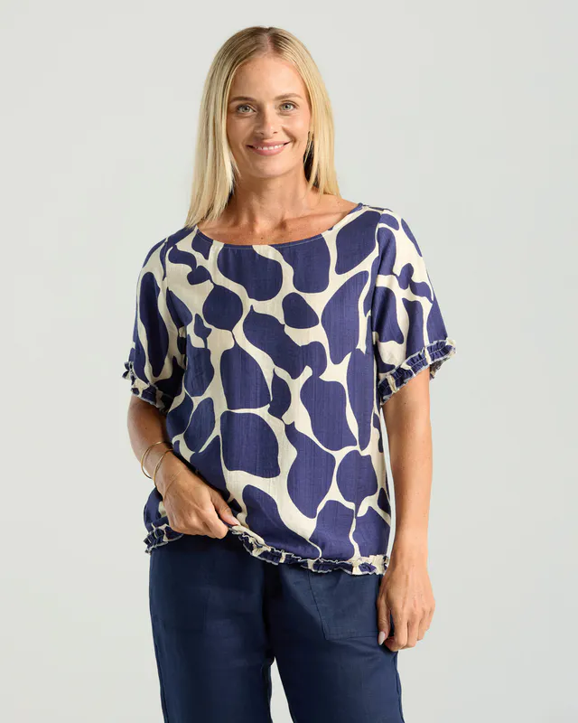Model wearing Ink Cobblestones Lydia Frill Top By Blackstone Available at Beetees Nelson