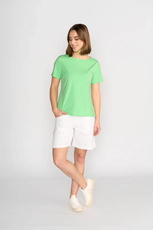 Model wearing Clover Boat Neck Top By Vassalli Available at Beetees Nelson