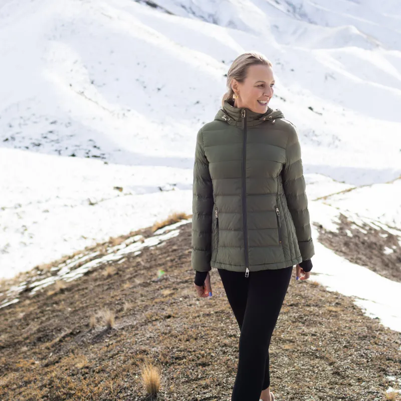 Model wearing Green Lucy Packable Puffer Down Jacket By Moke Available at Beetees Nelson