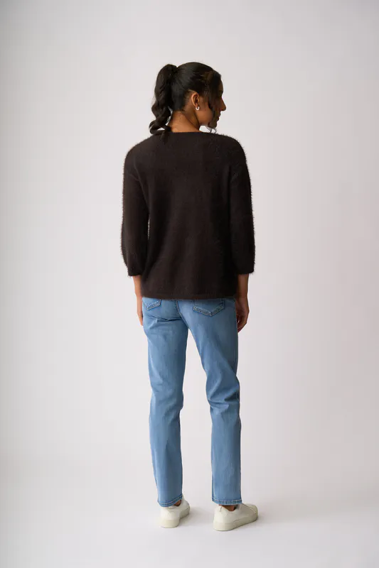 Model wearing Chocolate Boxy High Low Jumper By Foil Available at Beetees Nelson