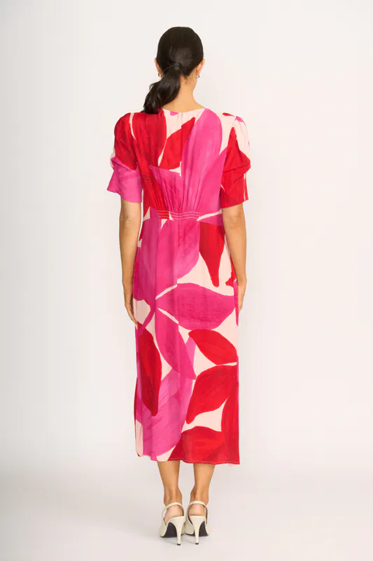 Model wearing Petals Gathered Sleeve Dress By Foil Available at Beetees Nelson