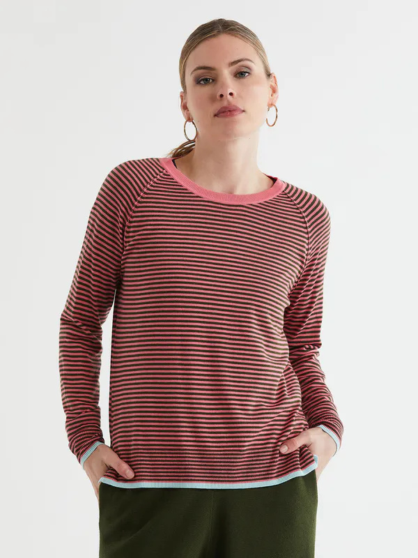 Model wearing Melon Stripe Crew By LD + CO Available at Beetees Nelson