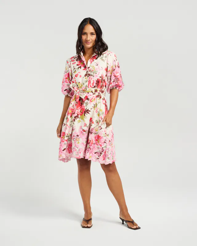 Model wearing Multi (Secret Garden) Marine Dress By NMBR Rose Available at Beetees Nelson