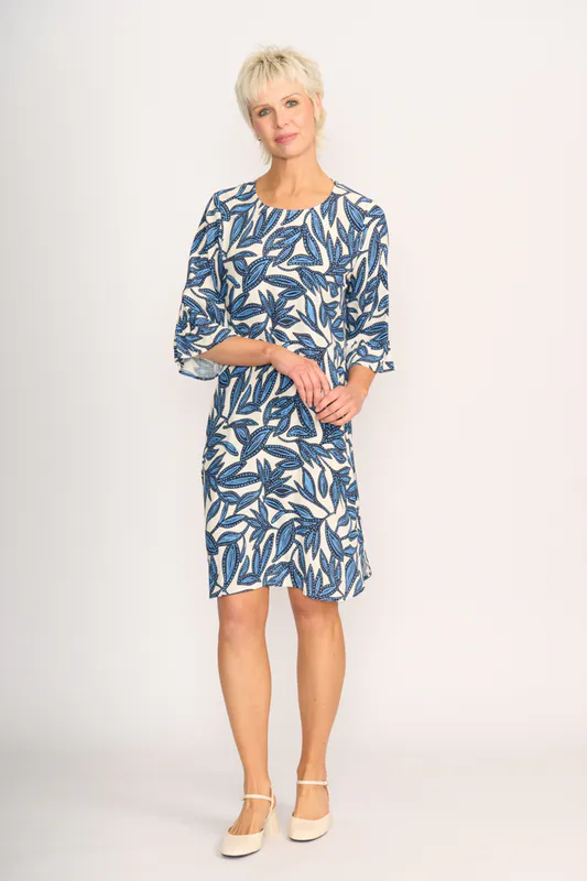 Model wearing Botany Dress - Shift, Fluted Sleeve By Foil Available at Beetees Nelson