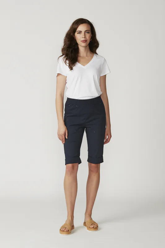 Model wearing Navy Cuffed Short By Lania Available at Beetees Nelson