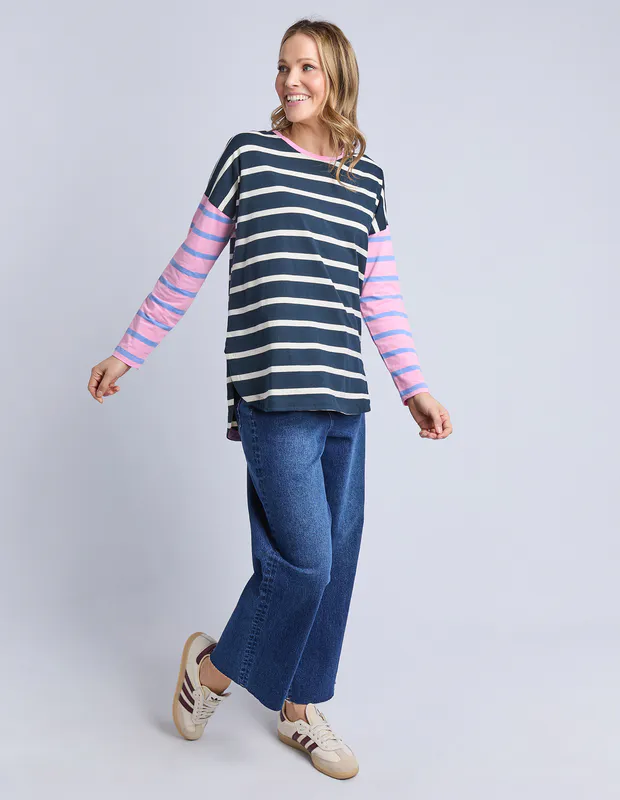 Model wearing Navy/Pink Marta Stripe Long Sleeve Tee By Elm Available at Beetees Nelson