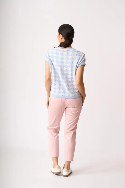 Model wearing Sky Blue White Diamonds Drop Shoulder Top By Foil Available at Beetees Nelson