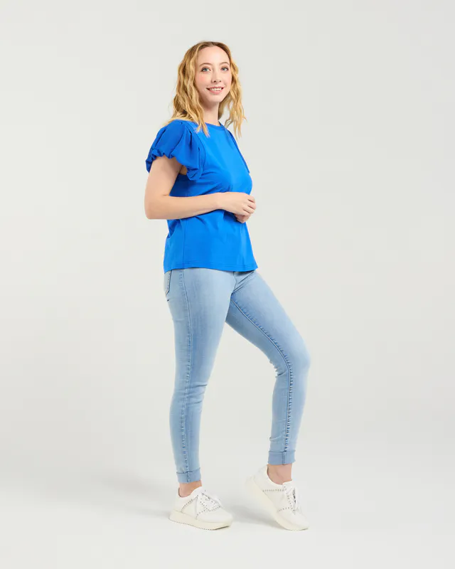 Model wearing Blue Sophie Top By Seduce Available at Beetees Nelson