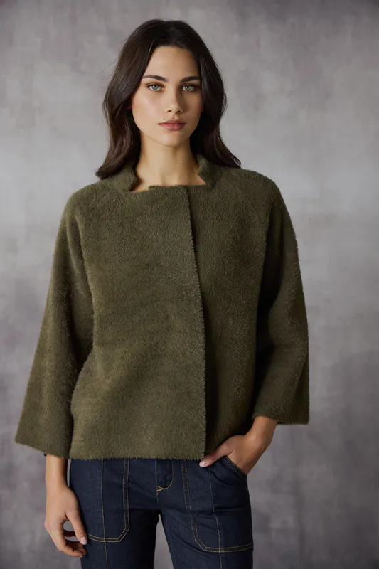 Model wearing Khaki Axel Jacket By Lania Available at Beetees Nelson