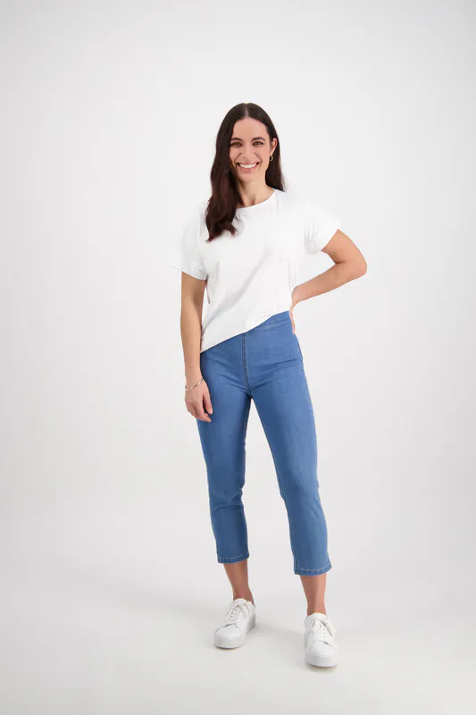 Model wearing Light Denim Skinny Leg 7/8 Length Contrast Stitch Denim Pull On By Vassalli Available at Beetees Nelson
