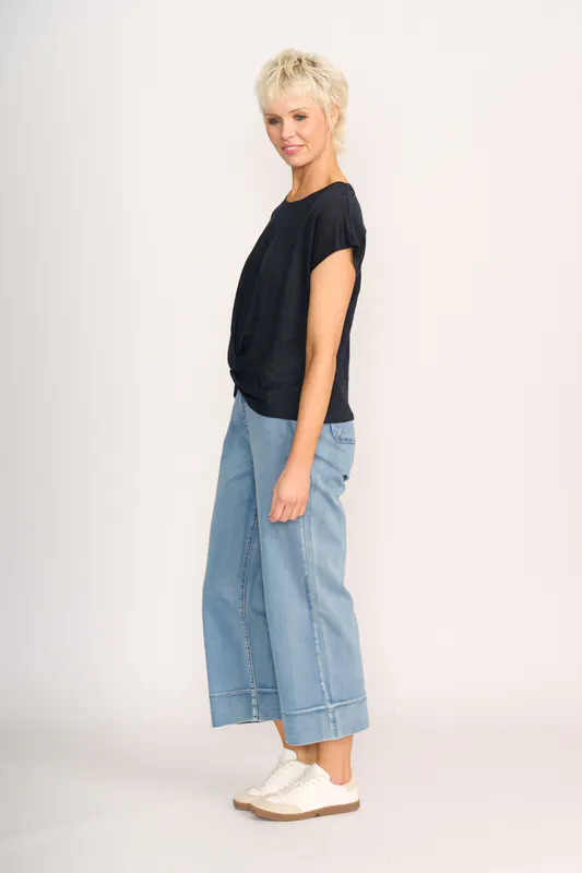 Model wearing True Navy Do The Twist Top By Foil Available at Beetees Nelson