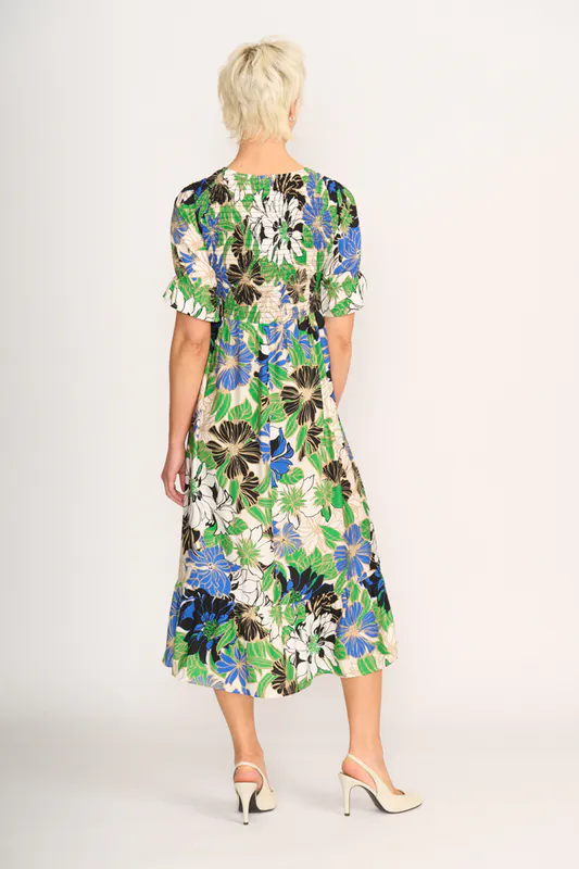 Model wearing Floral Delight Dress - Midi, Shirred Bodice By Foil Available at Beetees Nelson