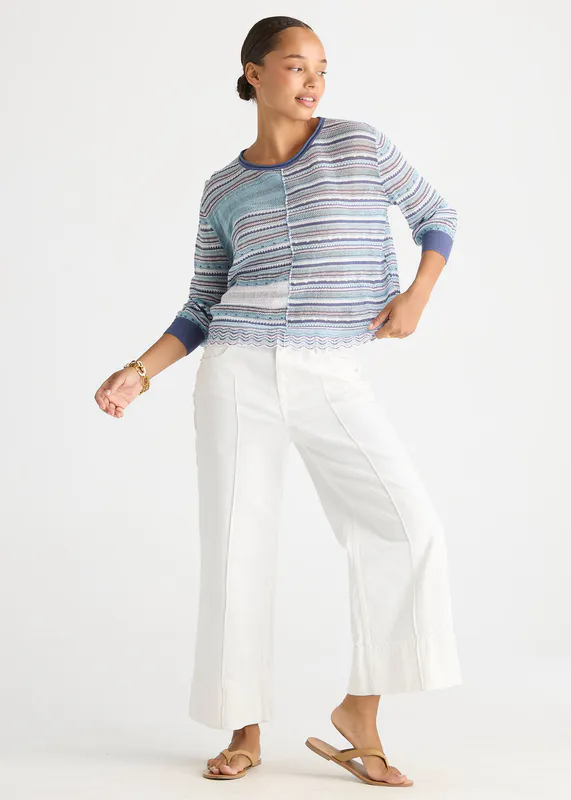 Model wearing  Denim Mixed Lace Top By LD + CO Available at Beetees Nelson