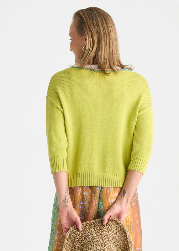Model wearing Green Glow Crochet Trim Cardi By Zaket & Plover Available at Beetees Nelson