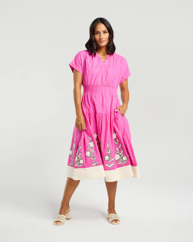 Model wearing Pink Eden Dress By NMBR Rose Available at Beetees Nelson